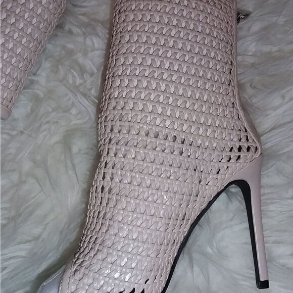CREAM FAUX LEATHER WEAVE OPEN TOE BOOTIE HEEL - Picture 1 of 2